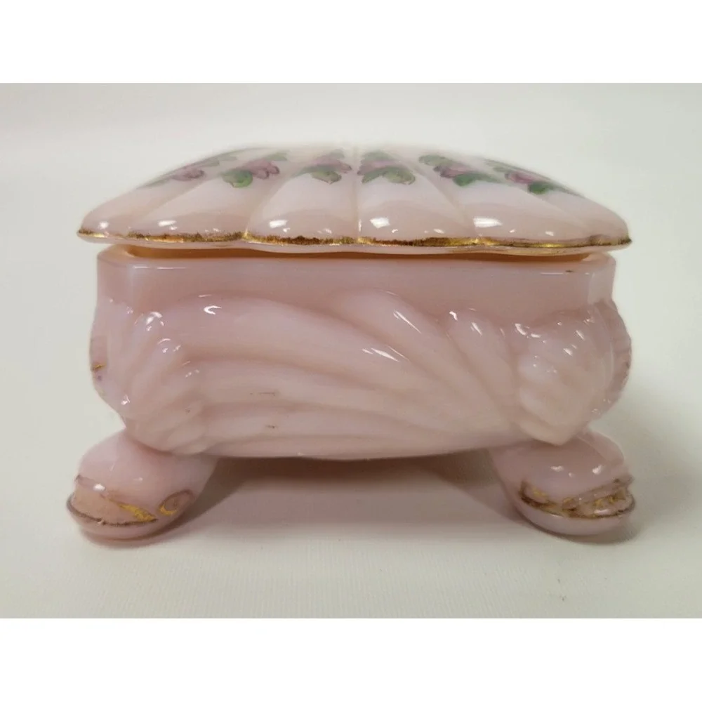 Vtg Cambridge Glass Crown Tuscan Trinket‎ Cigarette Box Seashell Pink Roses